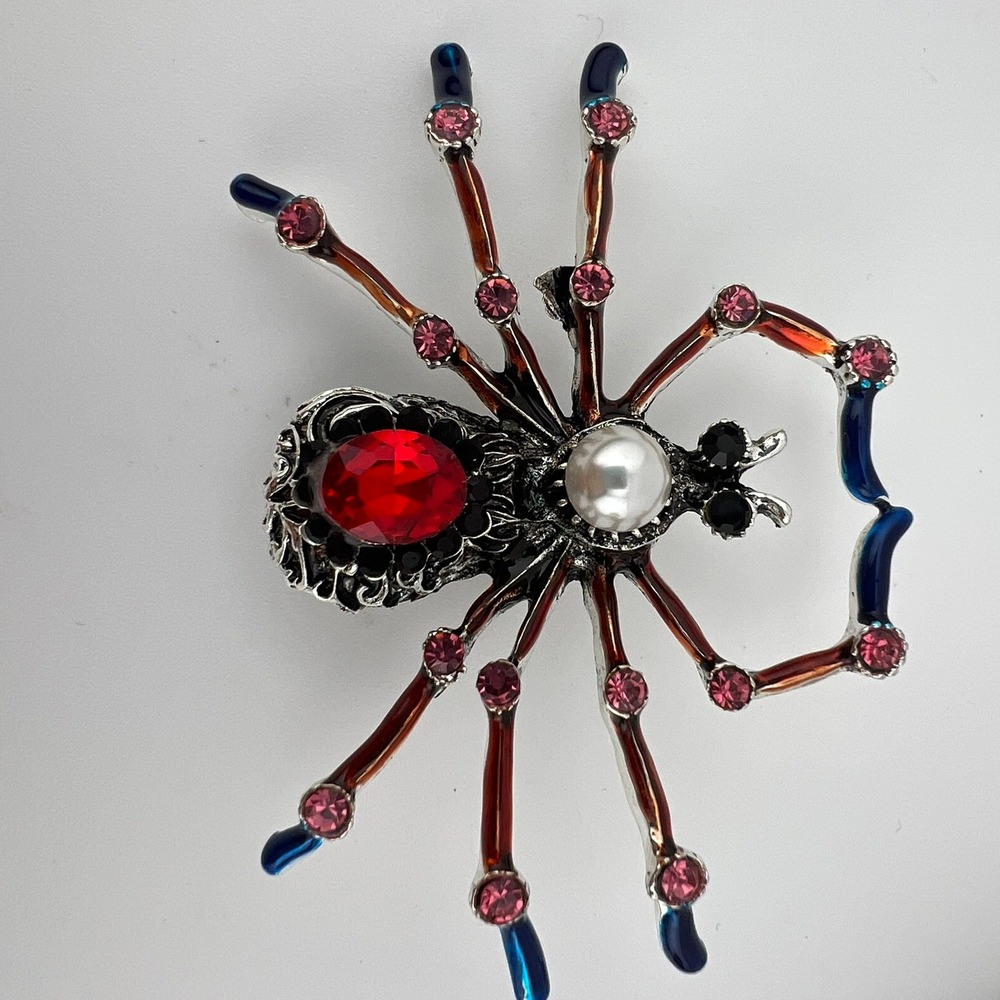 Silver Tone Spider Brooch Pendant Red Rhinestone Faux Pearl Blue Enamel